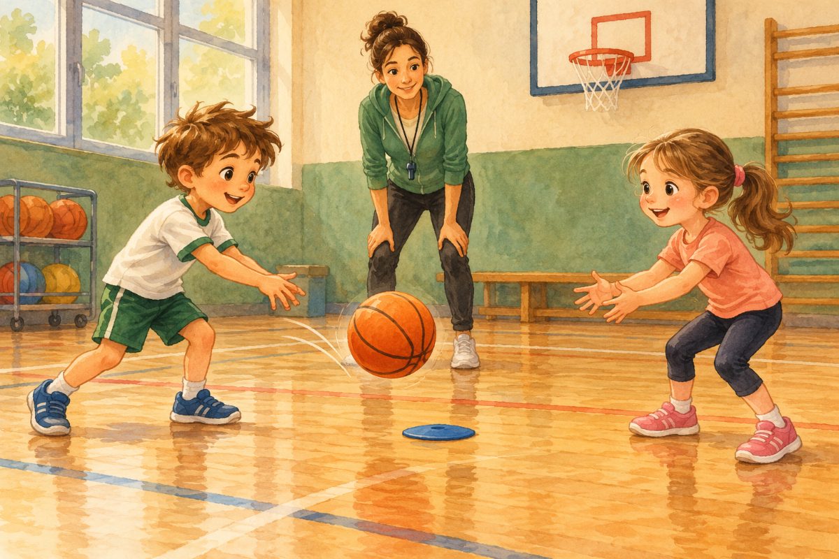Vítek přihrává oranžový míč o podlahu Lence vedle nízkého basketbalového koše.