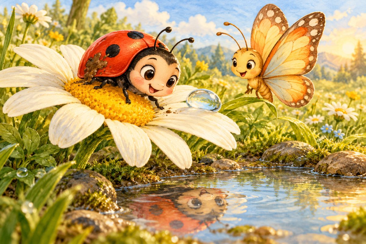 Beruška s malou šmouhou bláta sedí na kopretině vedle jasné kapky rosy.