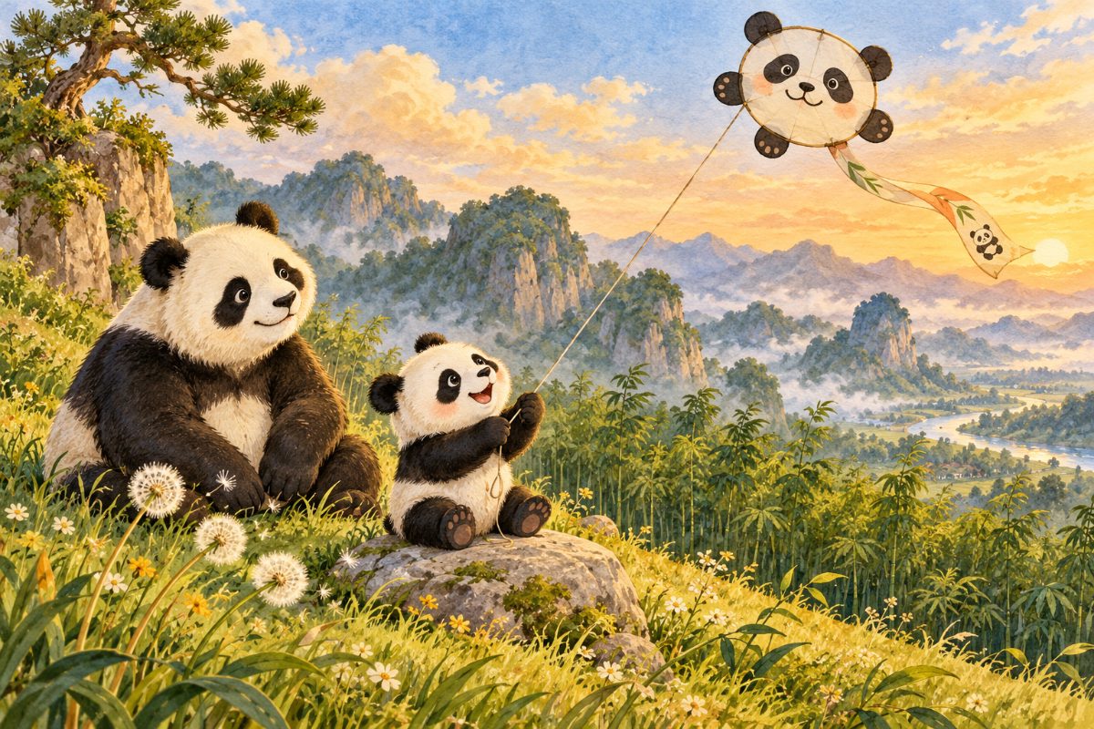 Malá panda Pao drží na horské louce šňůrku papírového draka ve tvaru pandy s dlouhým ocasem a nakresleným pandím mládětem.