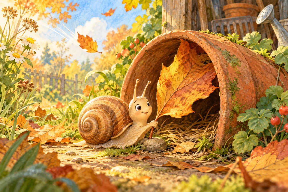 Šneček odpočívá vedle obráceného květináče a u jeho vchodu se ve větru pohybuje podzimní list.